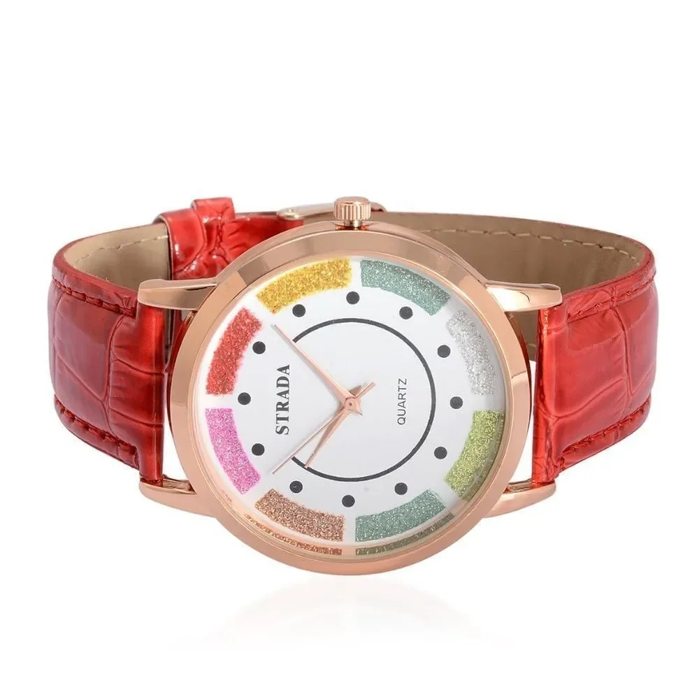 STRADA Watch Faux Red Leather Band Stainless